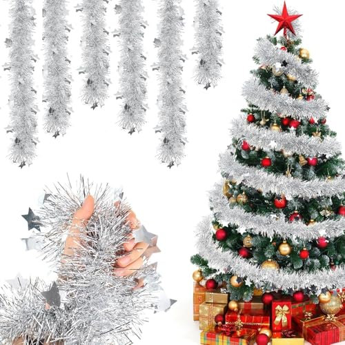 Weihnachtsbaum Lametta Girlande, 6 Stück 2 m Weihnachtsdeko Girlande, Christbaumschmuck Girlande, Girlande Weihnachten (Silber)