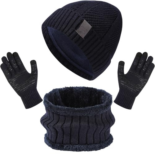 Enwokran Ensemble de Tricotés Bonnet Écharpe e Gants pour Homme,Chapeaux Foulard Écran Tactile Gants Set Doublé Chenille Tricot Bonnets Cache Cou Polaire Doublé pour Temps Froid (Marine)