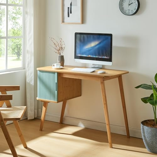 [en.casa] Schreibtisch Tysvær mit Schrank Computertisch Bambus Bürotisch mit Tür Blau Arbeitszimmer Tisch mit Stauraum rechteckig 75 x 105 x 48 cm