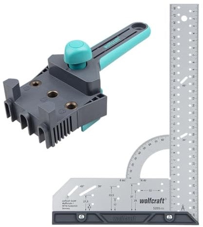 wolfcraft Projekt-Set Messen und Dübeln - 8655000-2 clevere Helfer für Dübelverbindungen - Meisterdüber und Universalwinkel - für Möbelbau 300 mm Skala Metallausführung