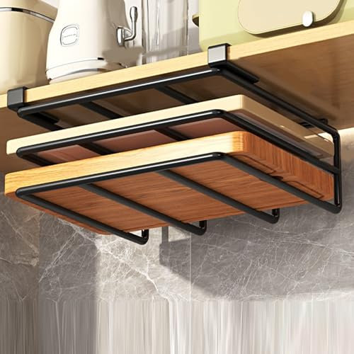 sous Support de Planche à découper, 10.4x11.8x2.4 'Organisateur de Planche à découper en métal en Service Lourd, Planche à découper et Rack de Couvercle en Pot pour Rangement de Cuisine, Noir