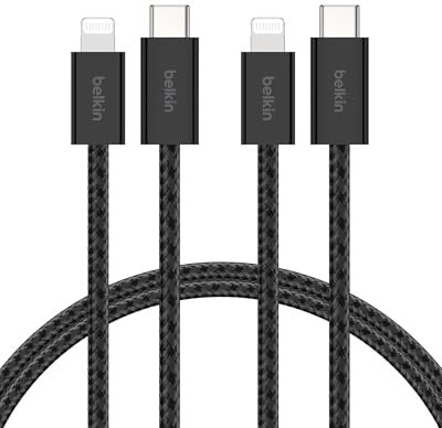 Belkin Pack de 2 Câbles USB-C à gaine tressée avec connecteur Lightning (1,5 m, doux au toucher, souple, recharge rapide, pour iPhone 14 et version antérieure, iPad 9e gén., AirPods, noir)