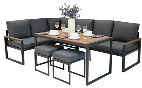 Monster Shop Garten Aluminium Möbelset Holzoptik 7-Sitzer Outdoor Terrasse Lounge Sectional Ecksofa Glasplatten Esstisch 2 Hocker Dicke Polster mit Waschbaren Bezügen wasserdichte Regenabdeckung