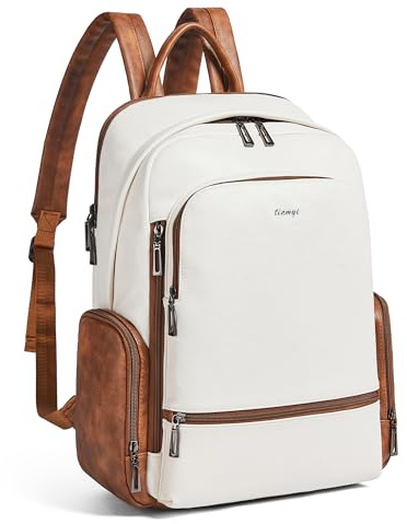 tiamyi Veganer Lederrucksack für Damen und Herren, passend für 16,0 Zoll Laptop, weicher Reiserucksack für Alltag und Reisen, Beige