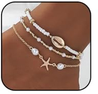 Vurotry Bracelet de cheville bohème doré pour femme - Bracelet de cheville avec perles de coquillages - Ensemble de bijoux de plage hawaïens, adjustable, Alliage, Pas de gemme
