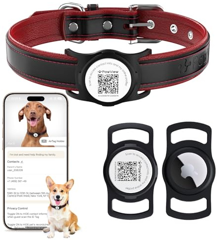 Hundehalsband Leder Kompatibel mit Apple Airtag Hülle,Verlustsicherer QR-Code,Weichem Gepolstertes,Verstellbares Halsband Hund für mittelgroße und große Hunde M (Halsumfang 35.5–51cm, Breite 2.5 cm)