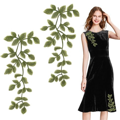 letsinstyle 2 PCS Green Forest Leaves Lace Applique, Vine Sew on Applique Lace Trims, Embroidery Sewing Patches Decoration for Embellishment Costume Wedding Dress Craft DIY Projects