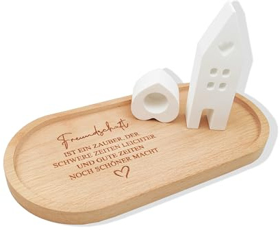 FloraVigo Personalisiertes Geschenk für die Beste Freundin, Freundschaftstablett mit Gravur, kleines Dankeschön-Geschenk, Holzdekor, Freundschaft Geschenke, Geburtstag（Ohne Gips-Dekoration）