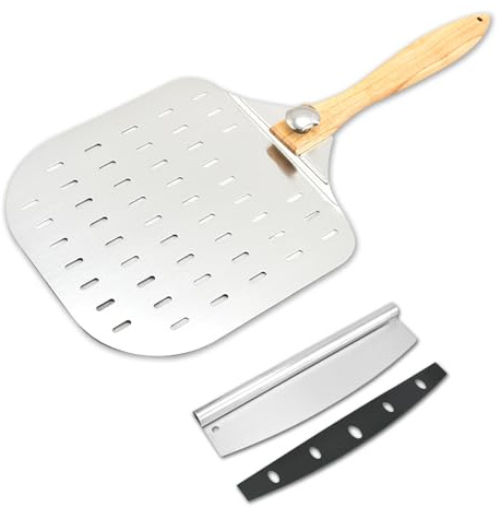 Pizza Peel Perforated Paddle Oven Accessories 12 inch with Cutter Knife, Pizza Turning Peel with Rotating Wooden Handle, Suitable for Homemade Baking Transferring Large Cake