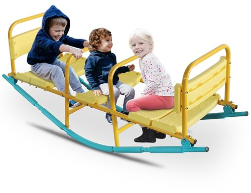 Kinderwippe,3 Sitzer Schaukelwippe, Gartenwippe bis 135 kg belastbar, Kinder Wippe In- und Outdoor, Karussellwippe für Kinder ab 3 Jahren, Gelb/Blau