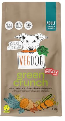 VEGDOG Green Crunch Nourriture sèche hypoallergénique (4 kg) | Pour chiens adultes | Sans gluten, céréales et soja | Aliment complet pour les personnes allergiques avec protéines de pois
