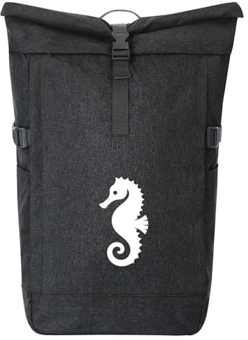 Huuraa Kurierrucksack Seepferdchen Silhouette Geschenk | 30-44 Liter Backpack Black Melange Fairtrade Rolltop Rucksack Geschenkidee Schwarzer Laptop-Rucksack passend für 17-Zoll