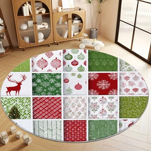 3D Tappeti Rotondo Motivo Di Natale Renne Fiocchi Neve Albero Natale Tappeto a Pelo Corto Rotondo, per Soggiorno Camera da Letto Bianco Tappeti Interni Tappeto Antiscivolo Adatto Agli Animali 60 cm