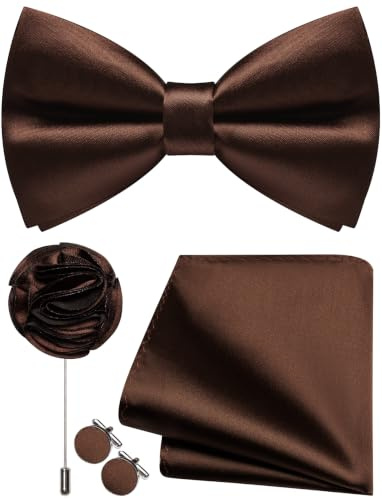 Ailisus Einfarbig Fliege Herren Vorgebunden Satin Fliege und Einstecktuch mit Ansteckblume Manschettenknöpfe Set für Hochzeit