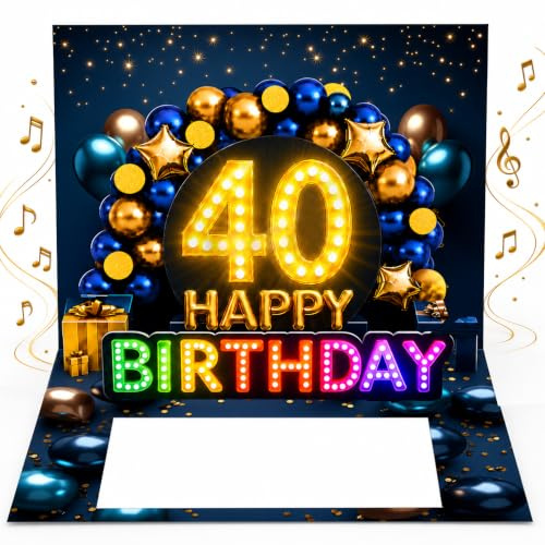 Joli Coon Geburtstagskarte 40 mit Musik und Licht, 20 × 15 cm | Pop-up-Mechanismus, Fächer für Geldscheine, Goldveredelung, passendes Kuvert, Siegelsticker, zum 40. Geburtstag