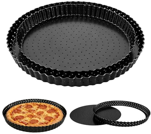 LOPYXBR Lot de 2 moules à tarte ronds avec fond amovible, avec trous, 26 cm et 30 cm, avec fond amovible, anti-adhésif, ronds, en acier au carbone, pour pizzas croustillantes