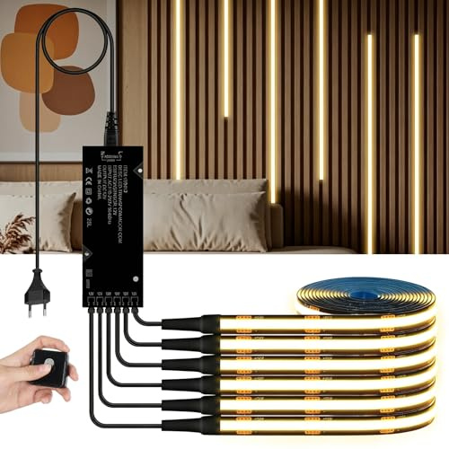 YCBTREE COB LED Streifen 12V, 6x1M Warmweiß 3000K Dimmbar LED Lichtleisten mit Berührungsschalter für Akustikpaneele, Schrank, Vitrine, Küche, Weinschrank, Regalbeleuchtung