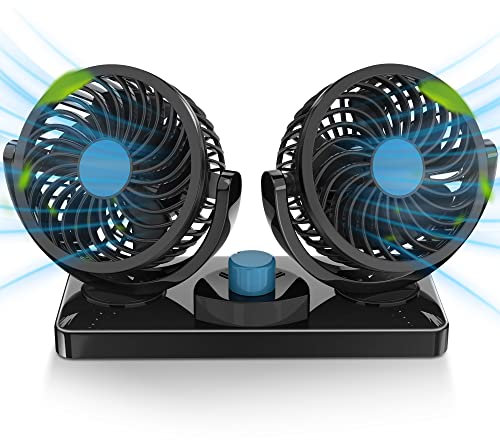 AboveTEK® 12V Electric Car Fan - Rotatable 2 Speed Dual Blade 12 Volt DC Fan with 9FT Cord & 3M Stickers - Quiet Strong Dashboard Circulator Cooling Air Fan for Sedan SUV RV Boat Auto Vehicles - Efficiently Blow Away Hot Air Smoke Smell & Bad Odors