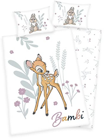 Arle-Living 3 TLG. Baby/Kinder Bettwäsche Motiv: Bambi - renforcé 100x135 cm + 40x60 cm + 1 Spannbettlaken 70x140 cm - 100% Baumwolle