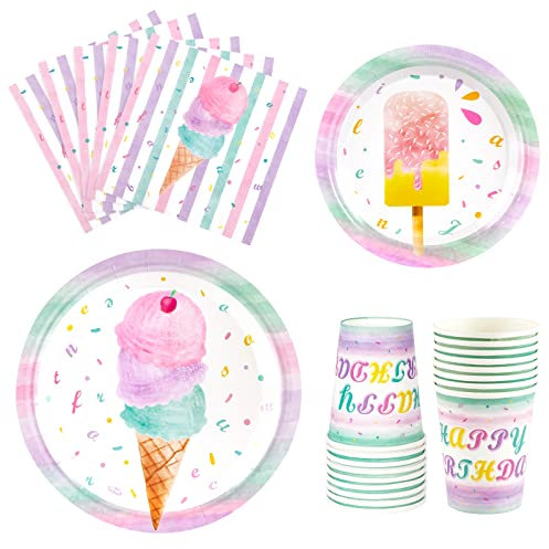 WERNNSAI Eiscreme Teller Servietten und Tassen - Eiscreme und Eis am Stiel Thema Partyzubehör für Mädchen Geburtstag Geschirr Geschirr Dessert Platten Luncheon Servietten 16 Gäste 64 PCS