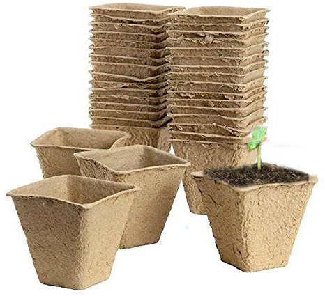 Baoii 50pcs 6cm Fibre Pots, Square Flower Pot Biodegradable Peat Pots Seed Pots for Small Rooting Plants Veg Planter Disposable Garden Germination Nursery Pot