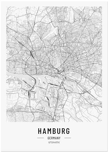 JUNOMI® Hamburg Poster DIN A2 Schwarz Weiss, DIN A2 Wohnzimmer Deko, Modernes Wandbild, Hamburg Bild, Wandbild ohne Rahmen, Stadtplan Poster Hamburg, perfekte Geschenkidee für Hamburger