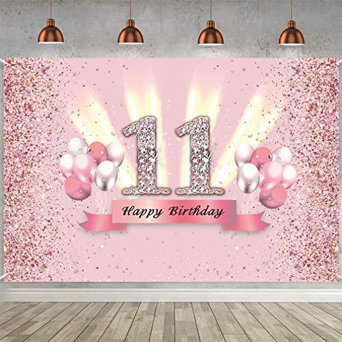 11 Geburtstag Mädchen Deko, 11 Geburtstag Banner Hintergrund, 11. Geburtstagsparty Stoff Schild Poster, 11 Geburtstagsbanner Wand/Tisch Dekoration Plakat, Glitzern Rosa