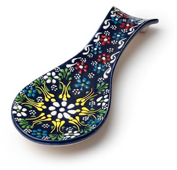 LEMOSE Hand Painted Turkish Ceramic Spoon Rest - Unique Embossed Design Craftsmanship Blue Spoon Holder - Decorative Colorful Spoon Rest - Kitchen Counter Utensils - Kitchen Decor and Accessories