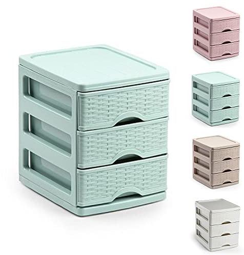 Plastic Desktop Storage Unit with Drawers, Stationary Arts Drawer Desktop Tabletop Organiser Storage Tower Unit for Office Bedroom Garage ((17 x 13.5 x 17cm - 3 Drawers Rattan Mint Green))