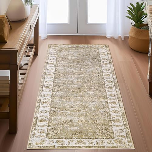 TOPICK Läufer 60x210cm Dünner Teppichläufer Flur Grau Faltbarer Teppich Vintage Teppiche rutschfeste Teppich Retro Elegante Läufer Lang Teppich Küche Wohnzimmer Schlafzimmer Esszimmer Waschküche