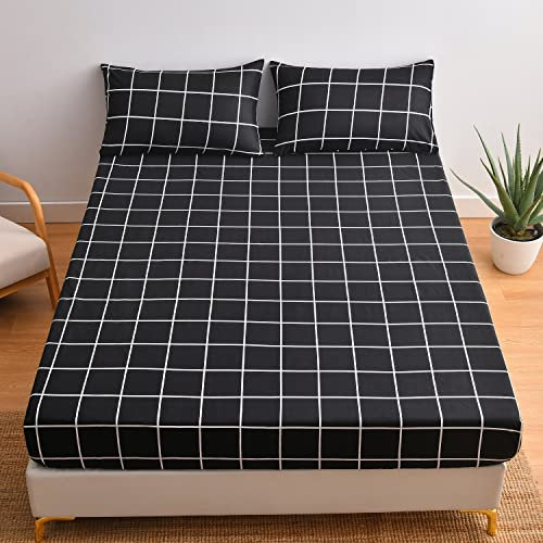 Spannbettlaken 140x200 Schwarz Weiß Karo Muster Bettlaken Jersey Microfaser Karierte Spannbetttuch für Boxspringbett 140x200cm Hochwertiges Spannbetttücher für Hohe Matratze bis 25-30 cm