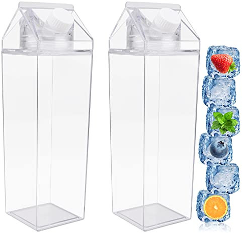 Milk Carton Water Bottle,2 Pack 1000ML Portable Square Cute Clear Water Bottle with Screw Top,Summer Reusable Leak Proof Juice Drinking Bottle for Indoor Outdoor Activities,Travel,Camping (1000ML)