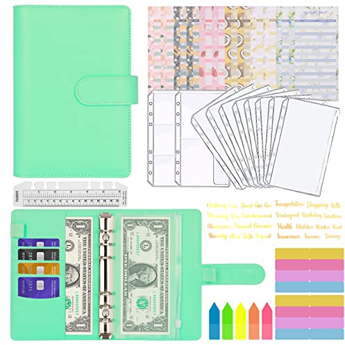 Portadocumenti in Pelle A6 PU, MARICATO 29pcs Raccoglitore ad 6 Anelli, Raccoglitore Notebook con Buste Trasparenti Rimovibile e Budget Planner, per Lavoro e Casa Budget Organizzatore-Verde Lago