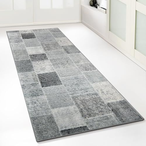 Floordirekt Tappeto passatoia con Motivo, Realizzato su Misura, per Cucina, corridoio e Soggiorno, Ornamento Vintage a griglia Orientale (80 x 150 cm, Monsano Antracite)