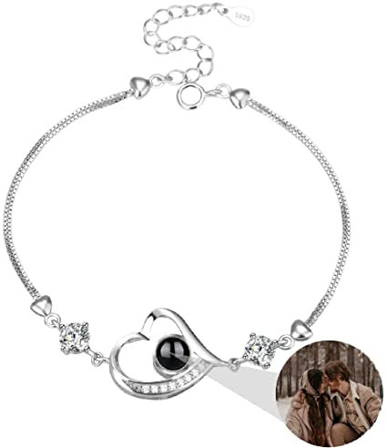 925 Sterling Silver Personalised Photo Bracelet with Picture Inside Custom Heart Projection Bracelet I Love You Bracelet 100 Languages for Women Memory of Love Jewelry Gift (Silver-Heart 1)