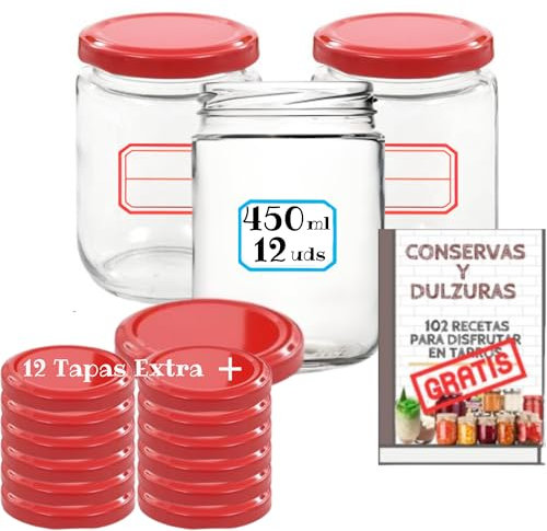 12 Tarros de Cristal de 450 ml con Tapas a Cuadros + 12 Tapas Rojas Extra + Ebook 102 Recetas para Conservas - Frascos Herméticos para todo tipo de Alimentos – Incluye Etiquetas