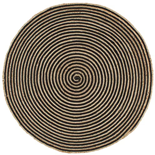 homiuse Teppich Handgefertigt Jute mit Spiralen-Design Schwarz 90 cm Teppich Wohnzimmer Teppich Rund Outdoor Teppich Jute Teppich Waschbar Wohnzimmer Teppich Waschbare Teppiche Natur Teppich