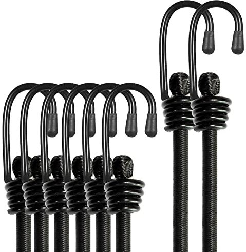 BEXSLE Bungee Cords With Hooks, Heavy Duty Outdoor Elastic Bungee Straps,No odour Industrial Grade bungee rope For Securing Tarps, Luggage,Tents, Bikes or garden tidying 24in6pcs + 48in2pcs (Black)
