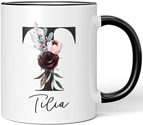 JUNIWORDS Tasse, Tilia, Name Anfangsbuchstabe Initial Alphabet Floral Buchstabe T Monogramm Motiv, Schwarz (5606926)