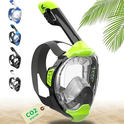 Khroom Schnorchelmaske Erwachsene & Kinder ab 3 Jahre | CO2 sicher | Vollgesichtsmaske mit Easy-Breath System | Schnorchelset Alternative | Seaview Y Tauchmaske Erwachsene / Kinder (L/XL Neon-Grün)