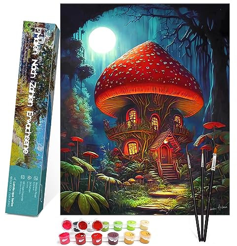 Bougimal Malen Nach Zahlen, DIY Handgemalt Ölgemälde, 3 Pinseln und Vorgedruckt Leinwand-Ölgemälde, Festival Geschenk Home Deko-40x50cm,Fantasy Pilzhaus(ohne Rahmen)…