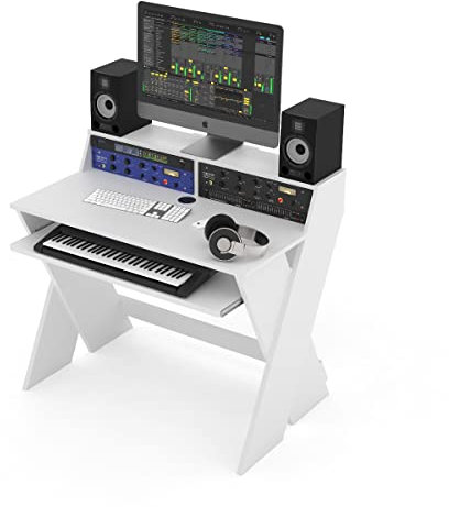 Glorious Sound Desk Compact White - Kompakte Studio-Workstation im smarten Design mit großer Arbeitsfläche, ausziehbarem Keyboard-Fach, 2 x 3-HE-Racks und Kabelkanal im Inneren