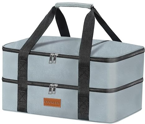Cooklux Insulated Casserole Carrier - Double Decker Design, Food Warmer Bag for Hot&Cold Food Travel, Fits 9x13 Casserole Dish, Leak-Proof, Durable Nylon, Zip Pockets, Grey