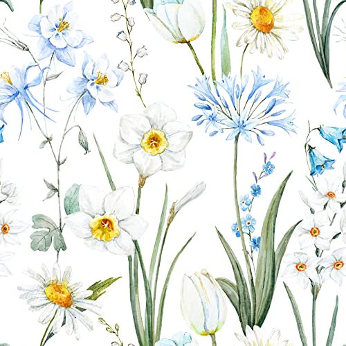 VaryFloral Blumentapete Weiß Gänseblümchen 61cmx300cm Selbstklebende Tapete Blumen Hortensie Blau Tapete mit Wand Tapeten Botanischer Möbelfolie Beige für Schlafzimmer Wohnzimmer Küche Schrank