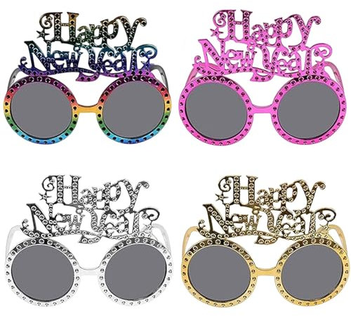 4 Stück 2025 Frohes Neues Jahr Brillen, Happy New Year Brillen, Lustige Silvester Brillen, Partybrille Silvester, Silvester Brille für Neujahrsparty, Silvester Accessoires Foto Requisiten Partybrille