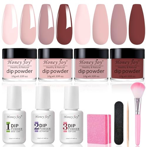 Honey Joy Dip Powder Nail Kit Starter,4 Colors Gentle Nude Brown Pink Neutral Skin Dipping Powder Liquid Set with Base Top Coat for Nail Art Manicure Salon DIY No LED Nail Lamp Needed,Dip-7pcs-07