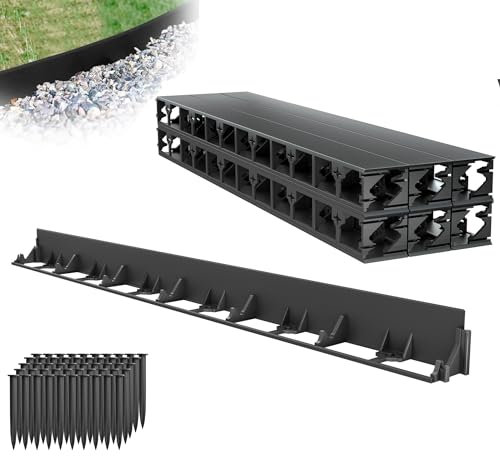 XMTECH Bordure de pelouse flexible en plastique - 24 m - Hauteur : 58 mm - Avec 100 piquets de fixation - Bordure de parterre de fleurs - Noir