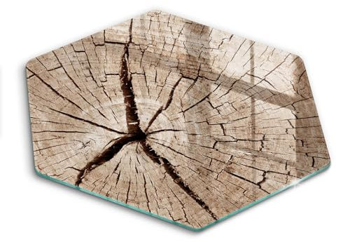 Wallfluent Schneidebrett Für küche Sechseckig Hartglas 40cm mit Motiv Anti-Rutsch-Pads Robuste Gehärtetem Glas Seite - Querschnitt eines Baumes
