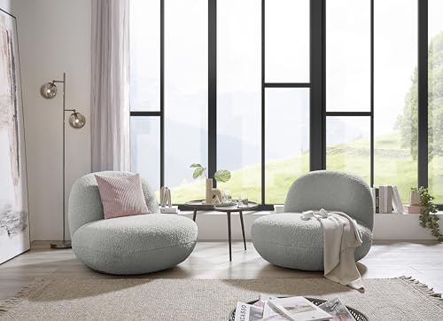 Stella Trading Relaxsessel drehbar ohne Armlehnen aus flauschigem Teddy-Stoff, Chris Loungesessel/Fernsehsessel in Silber mit Ringfuß, 85 x 70 x 99 cm