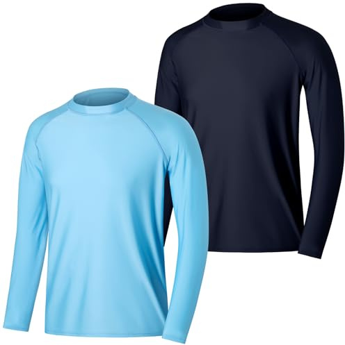 MASOCIO T Shirt Anti UV Homme Tee Shirt à Manche Longue Rashguard UPF 50+ Maillot de Bain Tshirt Hauts Baignade Surf Natation Wakeboard Plage 2 Pièces Taille XL Bleu Marine Bleu